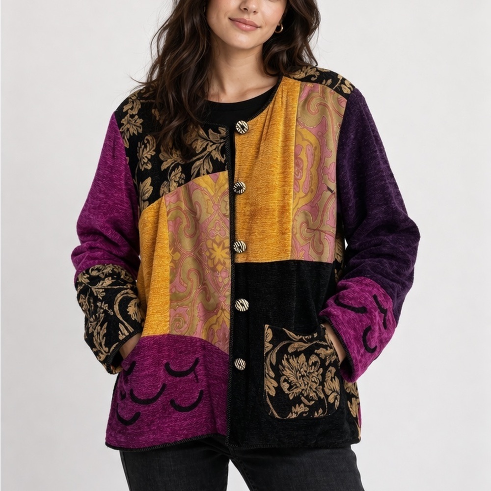 Indigo Moon Women's Purple Chenille Tapestry Jacket Size 1X Patchwork Artwear